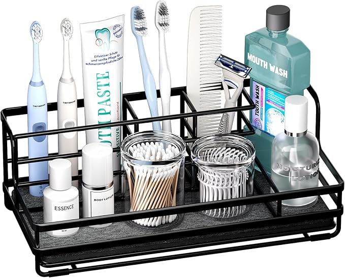 HapiRm Toothbrush Holders for Bathroom - 5 Partitions Bathroom Counter Organizer with Instant Drying Stone, Stainless Steel Countertop Storage Electric Toothbrush Toothpaste Holder - Black
