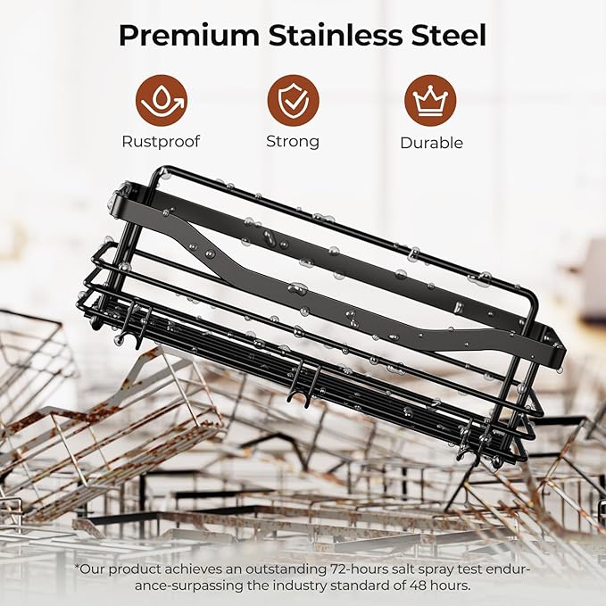 Orimade Adhesive Shower Caddy Shelf with 5 Hooks Organizer Storage Rack Rustproof Wall Mounted Stainless Steel No Drilling for Bathroom, Toilet, Kitchen - 2 Pack,Black