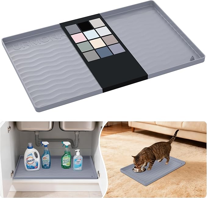 URMONA Waterproof Silicone Under Sink Mat 19'' x 12'' Shelf Liner for Kitchen and Bathroom, Cabinet and Counter Protector, Storage and Organizers, Litter Mat, Pet Cat Puppy Essentials(Light Grey)