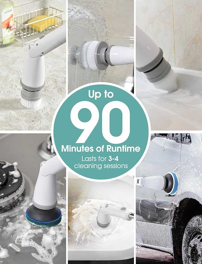 Sweepulire Electric Spin Scrubber for Cleaning, Shower Scrubber with Long Handle, 2 Spin Speeds, Bathroom Scrubber with 8 Replacement Heads, Bath Tub Cleaner Brush for Floor, Tub, Shower, Tile