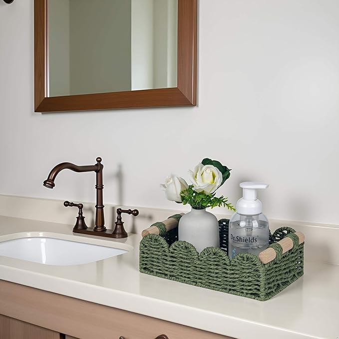 CubesLand Scalloped Edge Decor Baskets for Home, Living Room, Toilet Paper Storage Basket for Over Toilet Shelf, End Table,Shelves and More, Small Paper Rope Baskets Both Storage&Decor, Set 2 Green