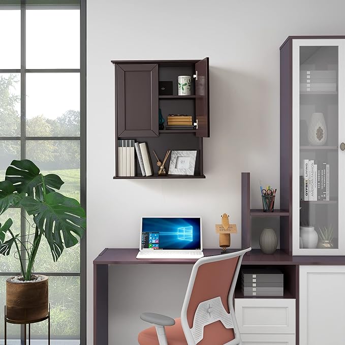 Wall Cabinet, 23x29 inch Medicine Cabinet, Over Toilet Storage with Adjustable Shelf, Wooden Expresso Bathroom Cabinet with 2 Doors