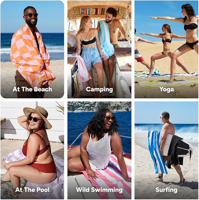 Dock & Bay Beach Towel - Quick Dry, Sand Free - Compact, Lightweight - 100% Recycled - Includes Bag - Groovy Check - Large (160x90cm, 63x35)