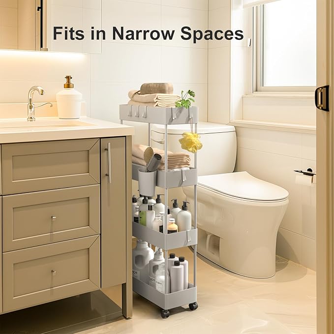 Pipishell Slim Storage Cart with Wheels, 4 Tier Bathroom Storage Organizer Rolling Utility Cart for Bathroom Kitchen Laundry Room Office Narrow Place (Gray)