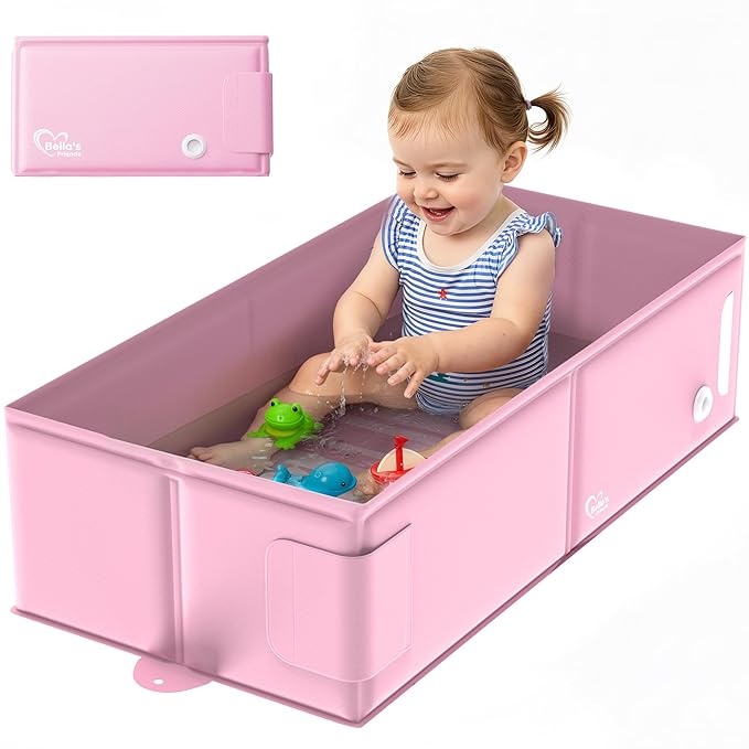 Bella’s Friends Baby Collapsible Bathtub, Travel Bath Tub for Baby, Foldable and Portable, Easy Storage, Reinforced Structure, Lightweight, Travel Essentials for 6M-3Y Infant Toddler, Pink