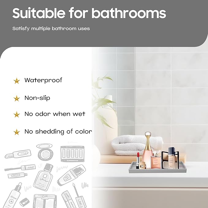 Vanity and Bathroom Tray, 7.7" ABS Countertop Organizer,Waterproof Vanity Tray for Toilet Tank,Perfume,Soap,Keys,Bathroom Accessories,Kitchen and Bath Trays,Non Slip Small Trays,Gray