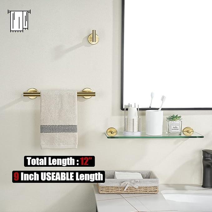 JQK Bathroom Towel Bar, Brushed Gold 12 Inch 304 Stainless Steel Thicken 0.8mm Towel Rack, Towel Holder Wall Mount, Useable Length 9 Inch TB110L9-BG