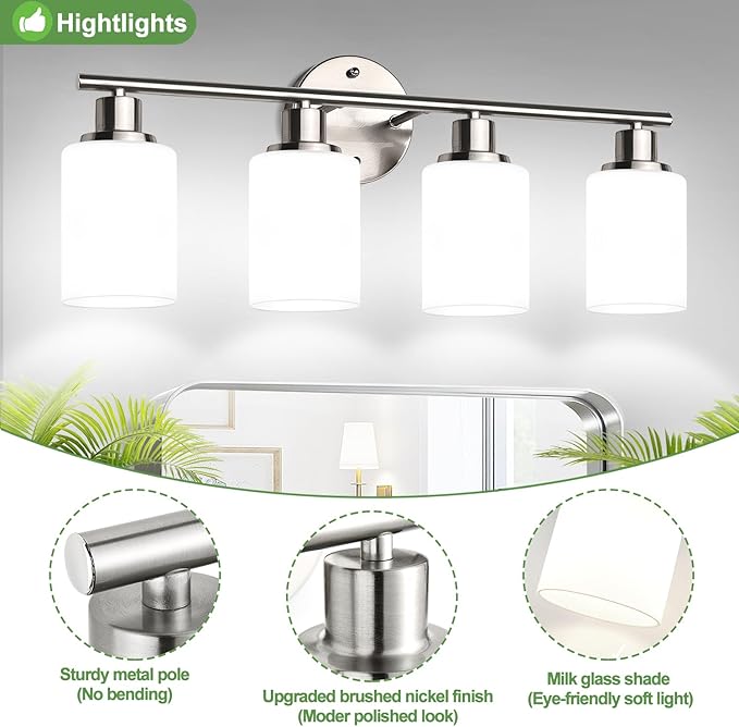 4-Light Bathroom Light Fixtures, Brushed Nickel Modern Vanity Lights with Milky White Frosted Glass Shades, Bathroom Wall Lamp for Mirror Kitchen Living Room