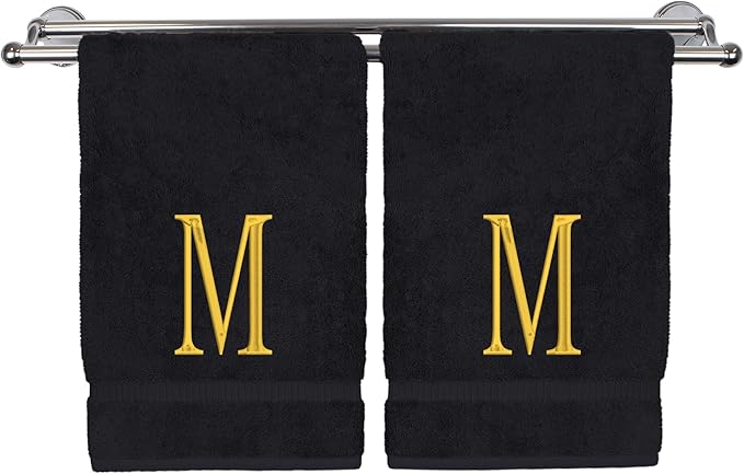Monogrammed Hand Towel, Personalized Initial Gift, Extra Absorbent 100% Turkish Cotton - Soft Terry Finish - Set of 2 - Gold Block Initial M - Embroidered on Black Towels