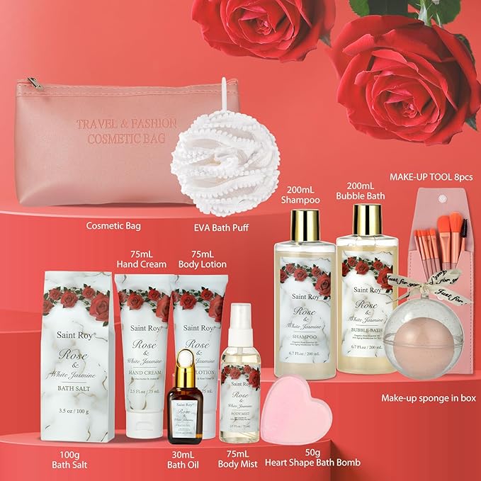 Christmas Gifts for Women - 21-Piece Luxury Rose & Jasmine Spa Gift Basket Set Bath and Body Gift Sets Care Kit with Make up sponge | Valentine's Day, Mothers Day Gifts Baskets for Mom, Wife