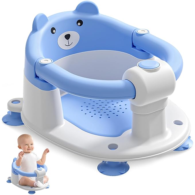 Baby Bath Seat for Babies 6 Months & up, Non-Slip Toddler Bath Seats for Babies Sitting Up, Safe Infant & Newborn Bathtub Chair with 4 Suction Cups & Soft Cushion for Shower,Blue