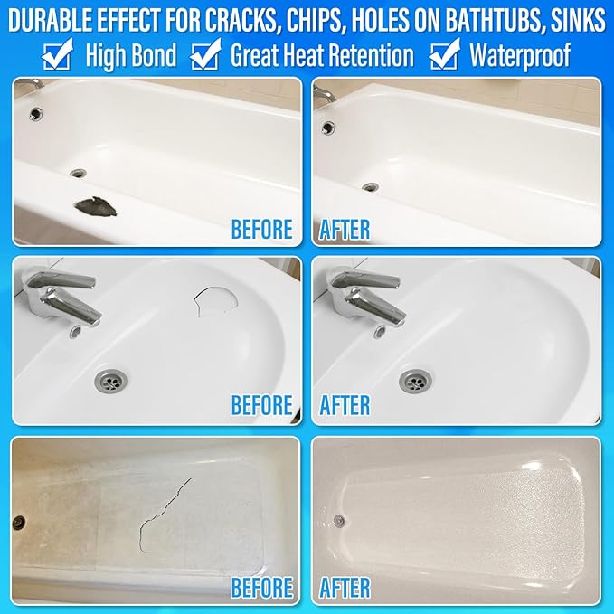 Tub Repair Kit White, Tub Chip and Bathtub Repair Kit for Enamel, Fiberglass, Acrylic, Porcelain, Patch and Repairs Chips, Crack, Scratches, Rust, Holes on Tubs, Toilet, Sink, Shower, Tray in Bathroom