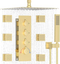 Enga Luxury Brushed Gold Shower System, 16 Inch Rain Shower Head with Body Spray Thermostatic Shower Faucet Set, Can Use All Functions At a Time (Volume Adjustable)