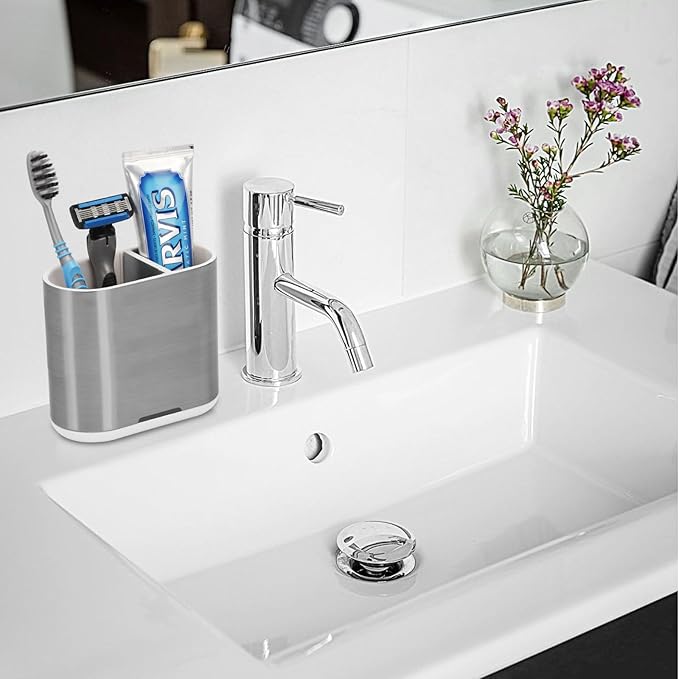 Toothbrush and Toothpaste Holder with Divider for Bathroom Countertop Organizer, 2 Slots Electric Toothbrush Holders Storage Caddy Drainage for Family, Kids (Brushed Silver)
