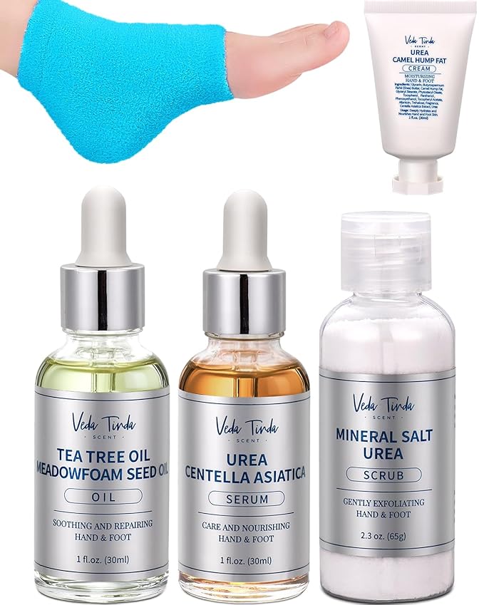 VTS Foot and Hand Care Kit - Includes Tea Tree Oil, Salt Scrub, Serum, Urea Cream 40 Percent, Moisturizing Heel Socks - Home Pedicure Spa Kit for Dry Cracked Heels Feet Knees Elbows Hands