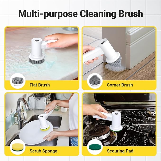 Electric Spin Scrubber, 2000 mAh Cordless Power Scrubber with 4 Replaceable Heads, 2 Speeds Portable Scrubber for Cleaning Sink/Stove/Corner/Tile/Grout/Bowl (White)