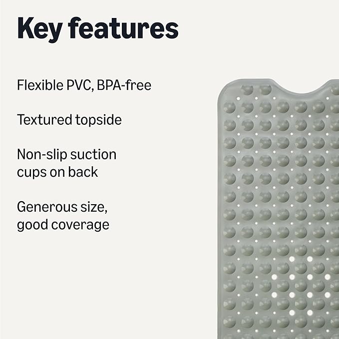 Amazon Basics Non-Slip Bath Mat with Suction Cups for Tub and Shower, 40" x 16", Grey