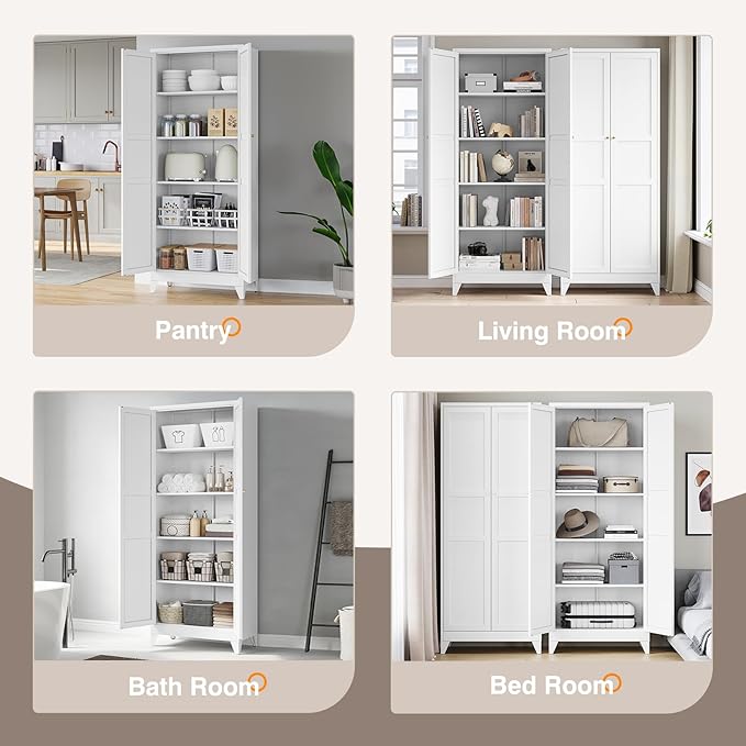 Yizosh Metal Pantry Cabinet, 75" Kitchen Pantry with 2 Door and 4 Adjustable Shelves,White Metal Pantry Storage Cabinet,Cupboard for Kitchen,Dining Room,Living Room and Bathroom