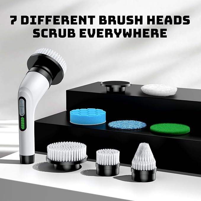 Electric Spin Scrubber - Cordless Bathroom Scrubber with 7 Brush Heads - Dual Speed IPX7 Waterproof Power Scrubber for Heavy-Duty Bathtub, Glass, Tile, and Car Cleaning (White)