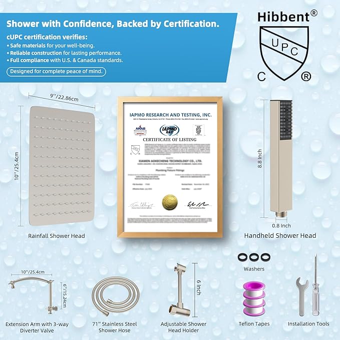 Hibbent All Metal CUPC Certified 10'' Rainfall Shower Head, Dual Shower Head Combo, High Pressure Handheld 4 Sprays Shower Wand, 16'' Adjustable Extension Arm, 71'' Hose, Shower Holder, Brushed Nickel