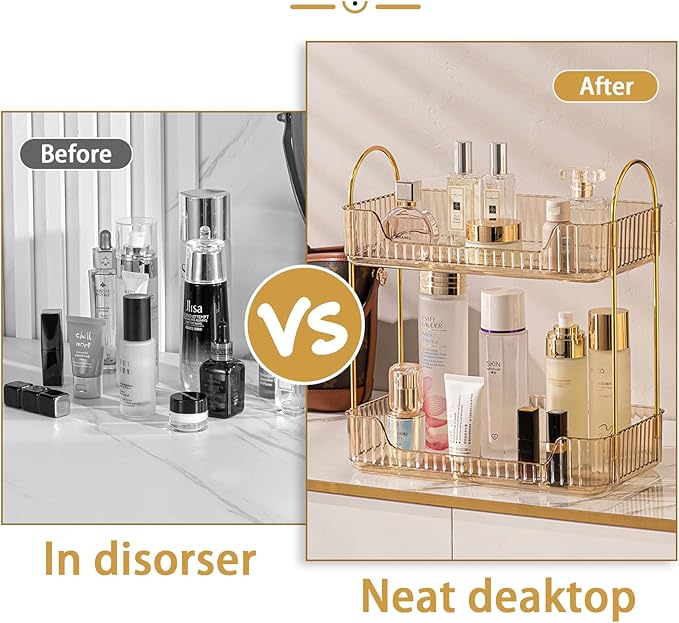 Bathroom Counter Organizer Countertop Storage, Cosmetics Skincare Shelf, Makeup Organizer Perfume for Dresser Vanity Tray, Spice Rack for Kitchen(2 Tier-Gold)