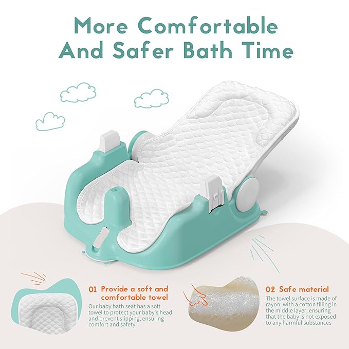 BabyBond Baby Bath Seat with Sitting & Lying 2 Modes, 3-Speed Adjustment, Powerful Suction Cups, Infant Bathtub Chair with Soft and Comfortable Towel, Folding and Hanging
