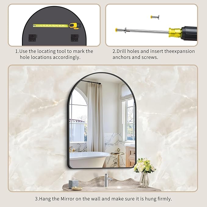 GLASHOM 30"x40" Black Arched Mirrors for Bathroom, Wall Mounted Mirror, Aluminum Alloy Brushed Framed Wall Mirror, Anti-Rust, Large Mirror for Over Sink, Bedroom, Entryway (Vertical)