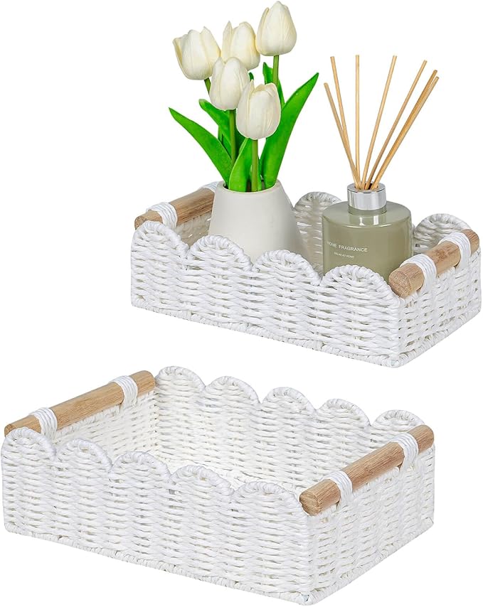CubesLand Scalloped Edge Decor Baskets for Home, Living Room, Toilet Paper Storage Basket for Over Toilet Tank Top, Storage Shelf, Cute Small Paper Rope Baskets Both Storage&Decor, Set 2 White