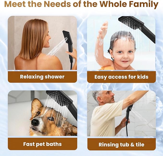 BRIGHT SHOWERS Rain Shower Head with Handheld Spray, High Pressure Square Showerhead Combo with Rainfall & Handheld, Detachable Dual Shower with Anti-Clog Nozzles, 60" Hose, Matte Black