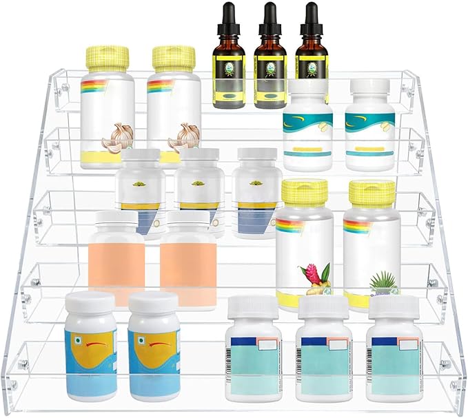 PMMASTO Tiered Spice Rack, Seasoning Organizer, Clear Acrylic Vertical Shelves Can Organizer for Countertop, Cabinet, Pantry, Kitchen Organization and Storage - 5 Tier