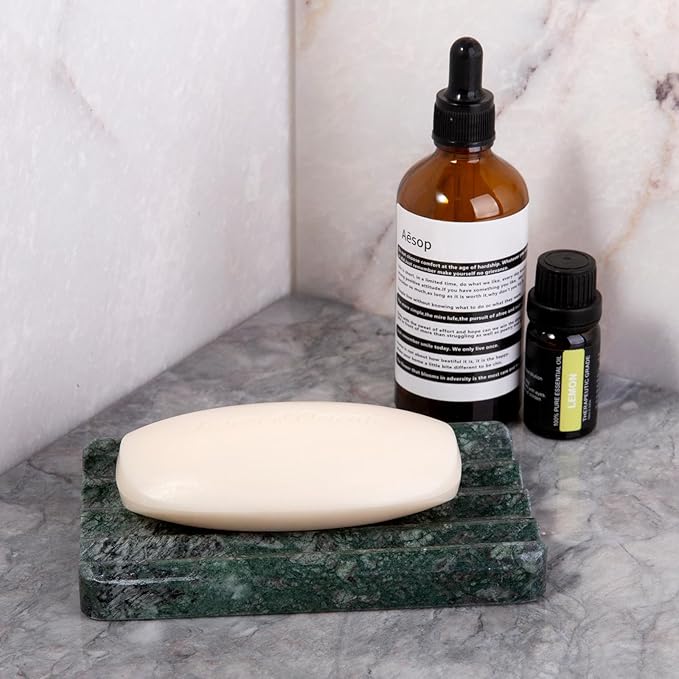 2PCS Koville Indian Natural Green Marble Soap Dish for Shower, Stone Soap Tray for Bathroom, Marble Bar Soap Holder for Sink, Stripe Grooves Soap Saver Sponge Holder