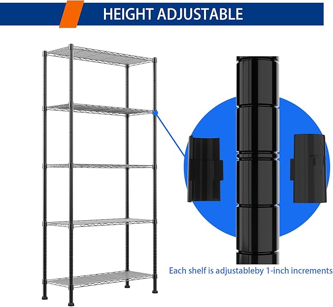 REGILLER 5-Wire Shelving Metal Storage Rack Adjustable Shelves,Standing Storage Shelf Units for Laundry Bathroom Kitchen Pantry Closet(Black,14.1" D x 30" W x 79" H)