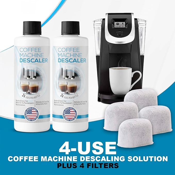 Keurig Compatible Descaling Solution - Descaler Cleaner Concentrate Kit For All 1.0 & 2.0 K-Cup Pod Machines and Espresso Machines - (2 Bottles, 4 Uses Plus 4 Filters)