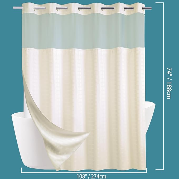 Conbo Mio Extra Wide No Hook Shower Curtain with Snap in Liner Set, 108" x 74" Hotel Luxury Beige Shower Curtains for Bathroom with See Through Top Window, Waterproof, Washable 108W x 74H