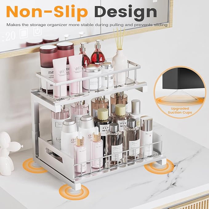 Under Sink Organizer Storage Heavy Duty Metal Slide Out Sink Shelf Organizer Height Adjustable, Multi-Purpose Storage Shelf for Kitchen Bathroom (Silver,1Pack)