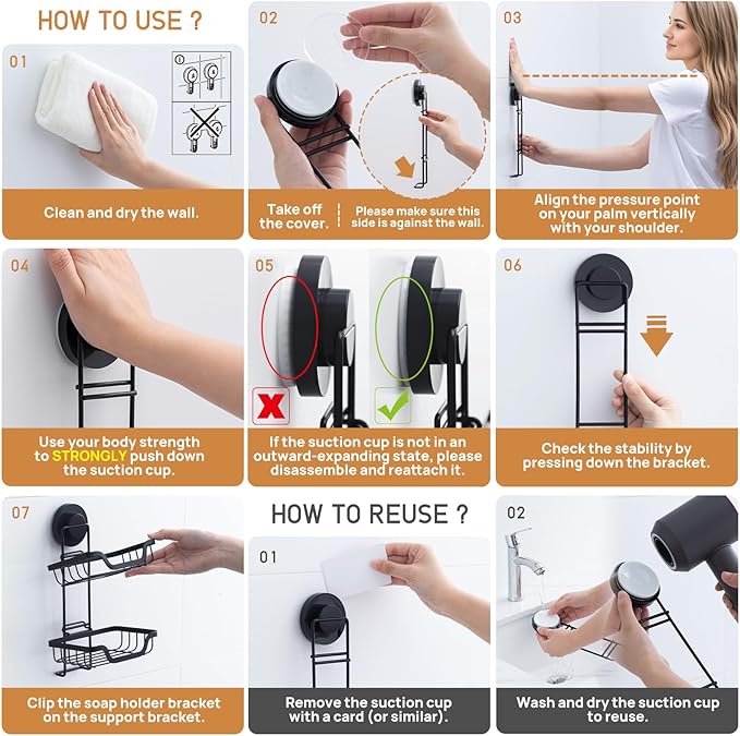 LEVERLOC 2 Tier Soap Holder, Soap Bar Dish for Shower Wall Mounted, Stainless Steel Suction Cup Sponge Holder for Bathroom Bathtub Kitchen Sink, Waterproof, Removable, Keep Dry, Black