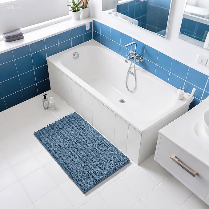 Yimobra Large Bathroom Rugs Non Slip Washable 36x24 Inch - Ultra Soft Absorbent Chenille Bath Mat, Quick Dry Shaggy Floor Carpet for Tub Shower, Denim Blue Home Decor Accessories