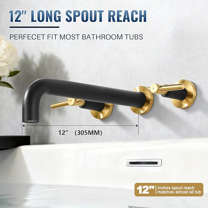 Wall Mount Tub Filler Bath Tub Faucet High Flow Bathtub Faucets Two Handles Solid Brass, 12" Long Spout Reach, Black Gold