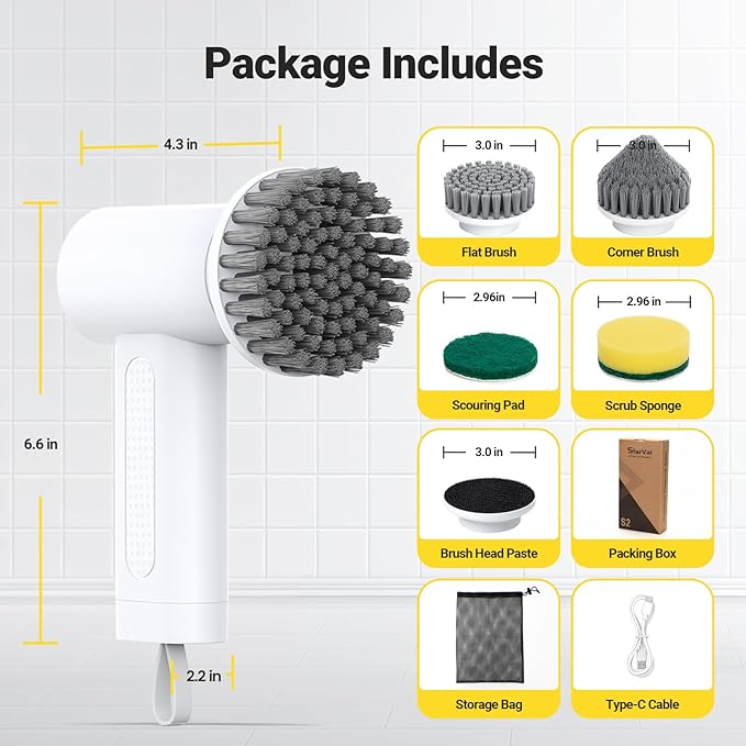 Electric Spin Scrubber, 2000 mAh Cordless Power Scrubber with 4 Replaceable Heads, 2 Speeds Portable Scrubber for Cleaning Sink/Stove/Corner/Tile/Grout/Bowl (White)