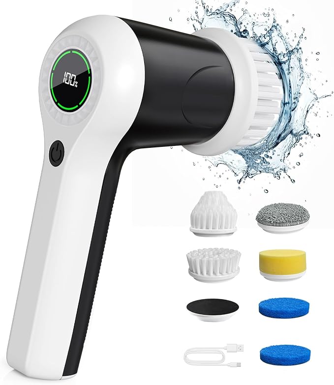 Electric Spin Scrubber, Cordless Shower Scrubber with Battery Level Display, 2 Speeds Electric Scrubber for Cleaning with 6 Replaceable Heads, Cleaning Brush for Bathroom/Sink/Window
