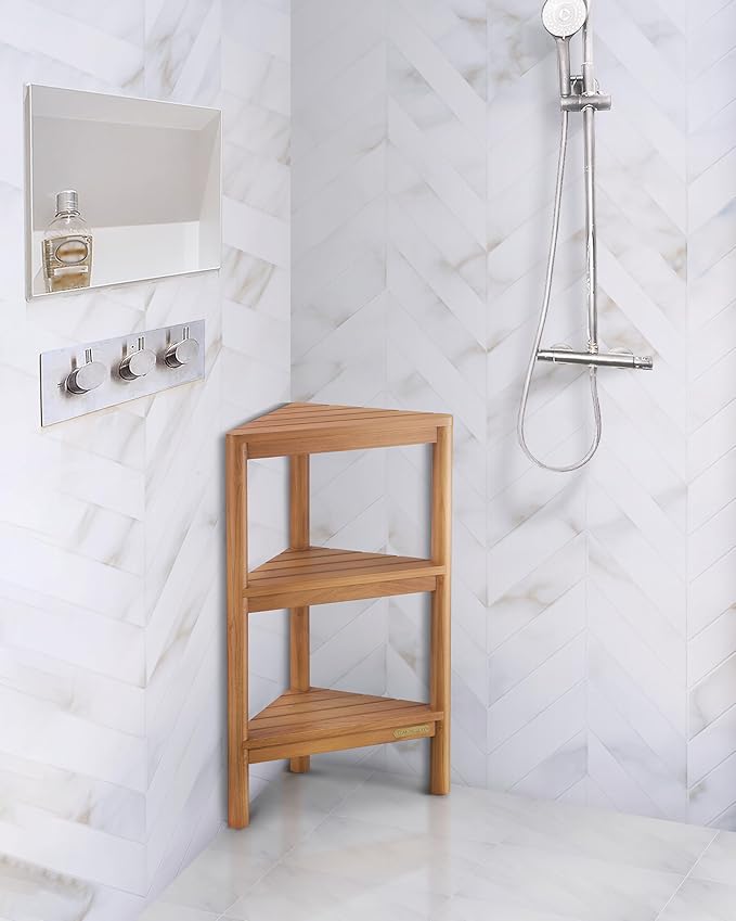 Fully Assembled Teak Corner Bath Shower Storage Stand, Corner Shelves, Shower Caddy 26.5"