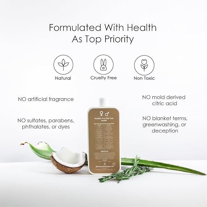 GirlyMan Natural Body Wash - Made with Olive Oil & Aloe Extract, No Artificial Fragrance, PH Balanced, Gentle Formula, Nourishing Ingredients, Family Owned (Rosemary Tea Tree)