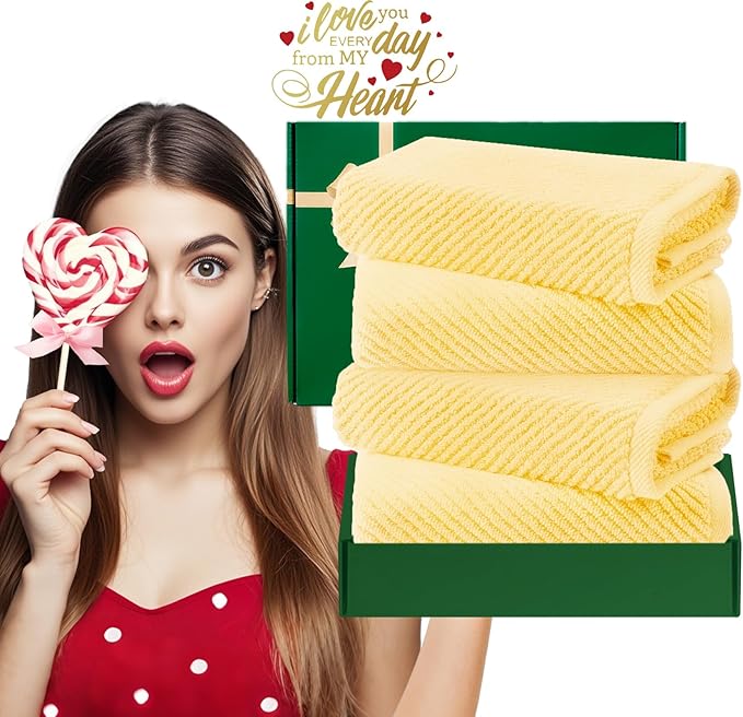 VOOVA & MOVAS Yellow Hand Towels for Bathroom, 4 Pack Large 18" x 28" - 100% Cotton | Lightweight | Thick | Quick Dry | Soft | Absorbent, Bath Hand Towels for Showering, Bathroom Essentials