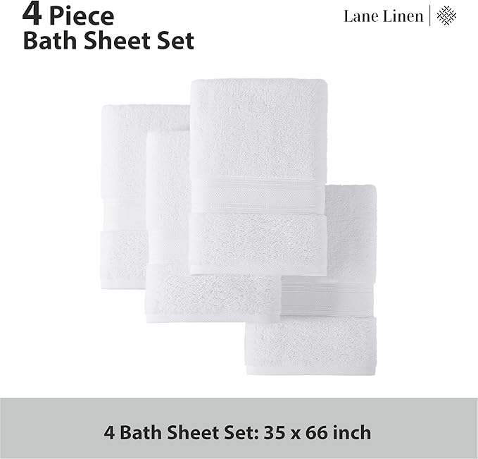 LANE LINEN 100% Cotton 4 Pack Bath Sheets (35"x66") - Zero Twist Cotton - Extra Large Bath Towels Set - Quick Drying, Soft & Absorbent Oversized Bathroom Towel Sets - Hotel Quality - White Towels