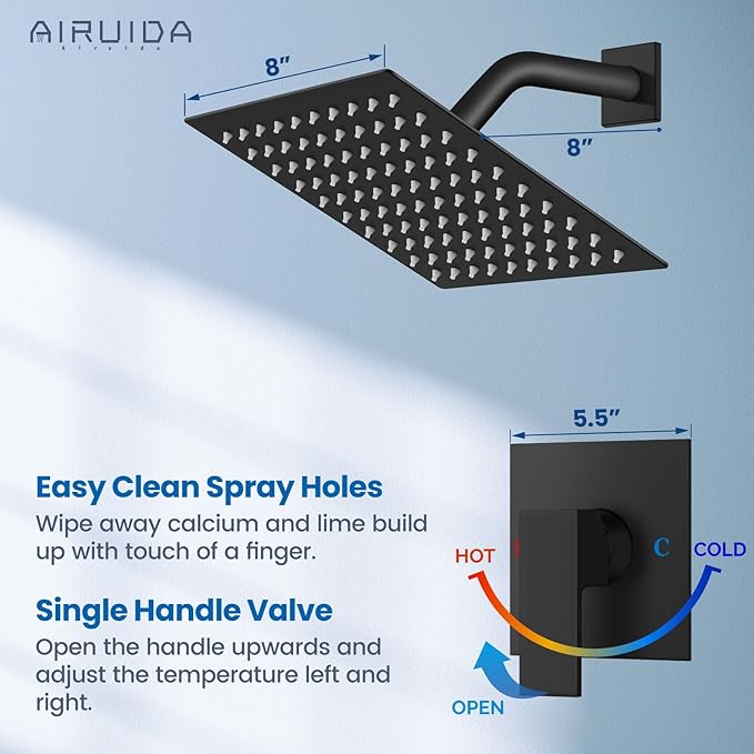 Airuida Shower Faucet Set Bathroom Rain Shower System SUS304 Stainless Steel Single Handle With Male Threads Rough-in Valve Shower Trim Kit 8 Inch Wall Mount Shower Head Matte Black