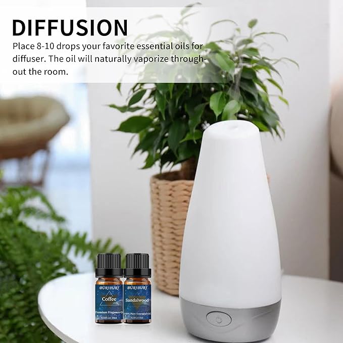 BURIBURI Sandalwood Oil Essential Oil and Coffee Essential Oil 10ml, 100% Pure Coffee Fragrance Oil for Diffuser, Massage