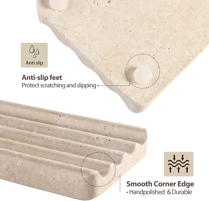 Koville Natural Travertine Soap Dish for Bathroom Shower, Marble Soap Tray Travertine Dish for Bathroom, Stone Soap Tray for Sink, Stripe Grooves Soap Saver Keep Soap Bars Dry Easy Clean