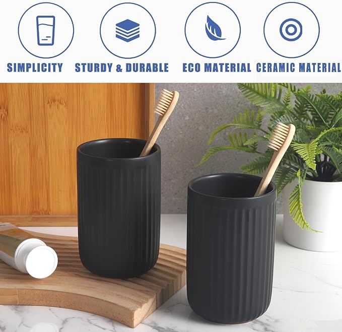 Matte Black Toothbrush Holders for Bathrooms - Ceramic Toothbrush Toothpaste Holders Set, Black Bathroom Tumbler Cups Reusable Toothbrush Cup Black Mouthwash Cup, Bathroom Counter Organizer.