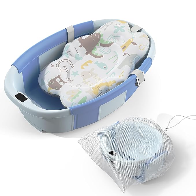 Collapsible Baby Bathtub, 3s to Install, Baby Bath Tub with Soft Cushion & Thermometer, 0-36 Months Newborn Bathtub,Portable Travel Baby Tub, Blue