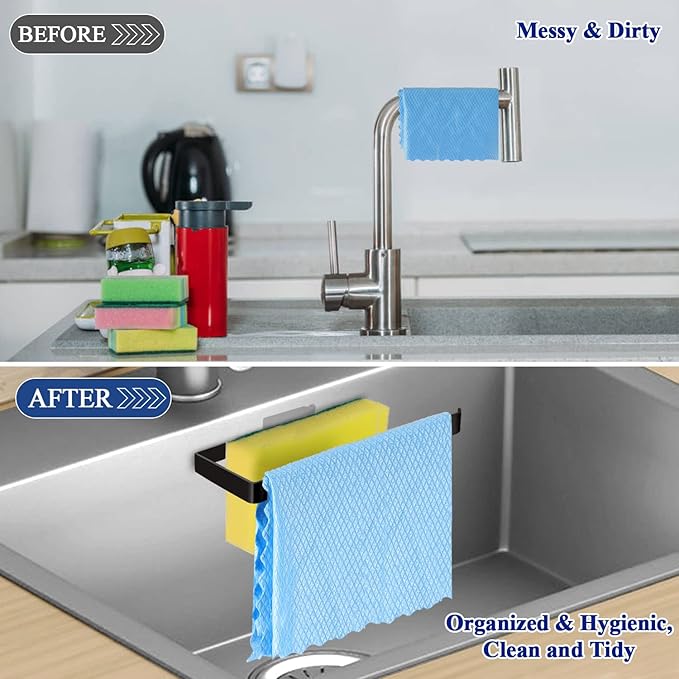 GAViA Kitchen Sink Sponge Holder - Sponge and Dish Cloth Hanger, Adhesive Rustproof Kitchen Sink Rack, 304 Stainless Steel, No Drilling (Black)